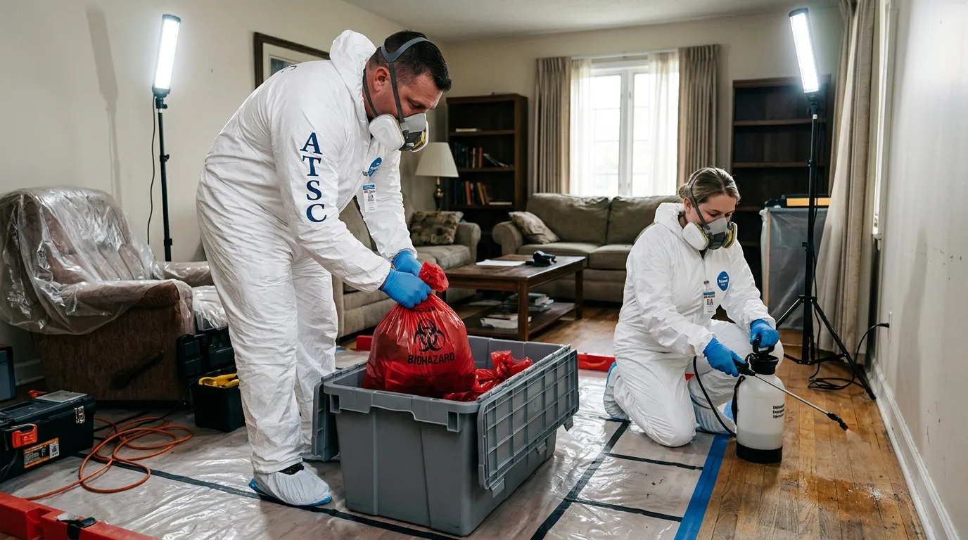 Professional Biohazard Cleanup technician in full PPE working in Setauket-East Setauket
